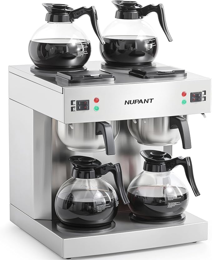 Dual Drip Commercial Coffee Maker 200 Cup/hour 7.2L Pour Over Coffee Machine with 4 Glass Carafe and 4 Warmers Stainless Steel Double Coffee Brewer Staition for Restaurant and COFFEE Bar