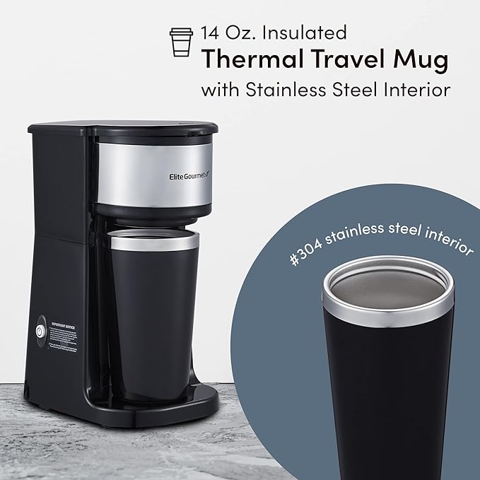Elite Gourmet EHC-112B Personal Single-Serve Compact Coffee Maker Brewer Includes 14Oz. Thermal Travel Mug with Stainless Steel Interior Compatible with Coffee Grounds Reusable Filter Black
