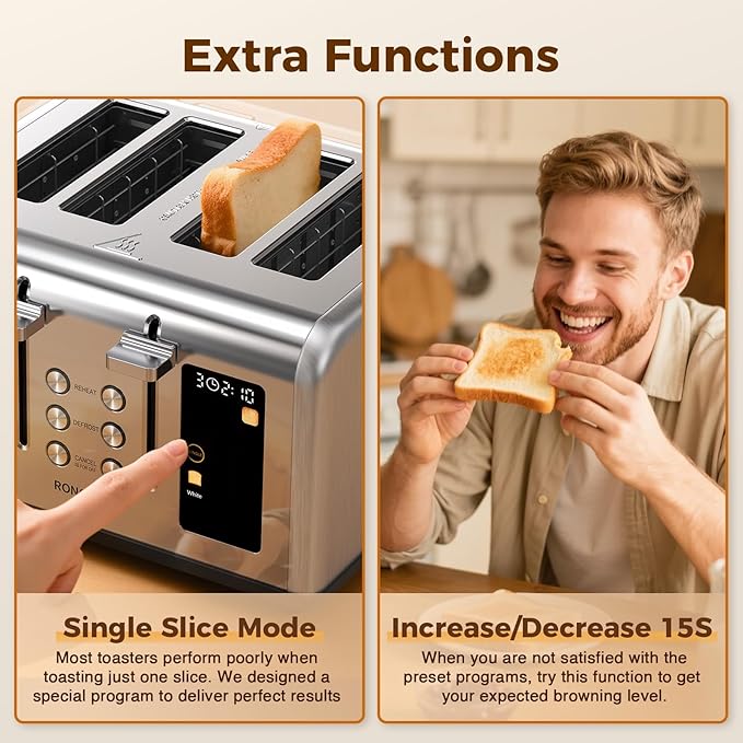 4 Slice Touch Screen Toaster Easy-to-Use Digital Stainless Steel Toaster with Wide Slots Reheat Defrost Cancel Removable Crumb Tray Silver