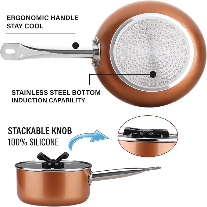 Stackable Stainless Steel Nonstick Cookware Set Pots W/ Lids (8 Piece) Brown 10-4408