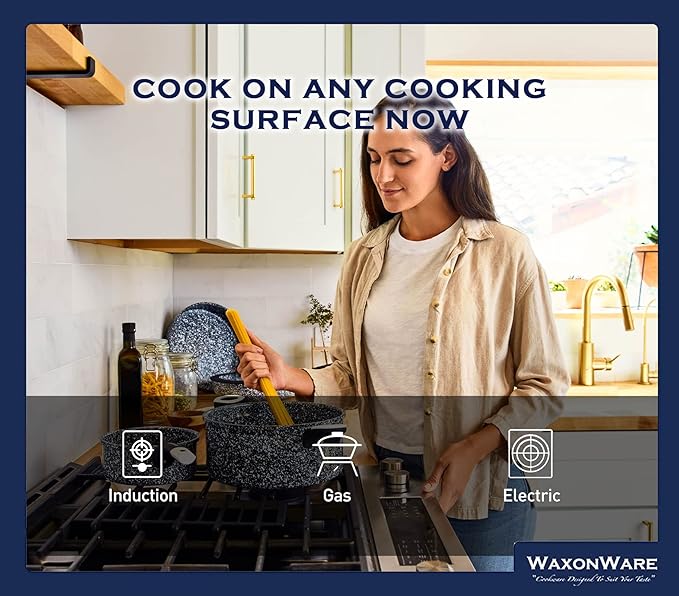 Waxonware 7pc Nonstick Cookware Set Granite Pots and Pans Set Nonstick - Dishwasher Safe and 100% PFOA &amp PTFE Free - Kitchen Pot and pan set - Stonetec Series