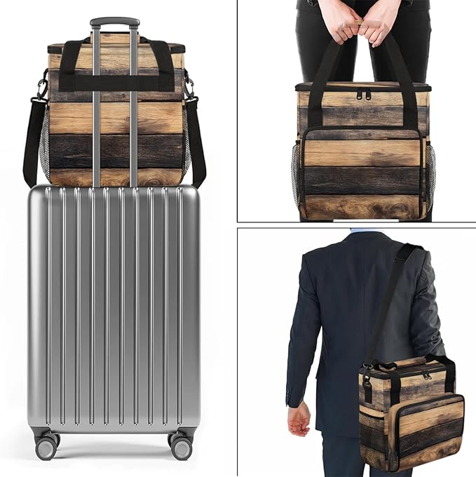Wood Pattern Coffee Maker Travel Bag for Keurig K-Mini/K-Mini Plus Insulated Waterproof Tote with Pockets for K-Cup Portable Single-Serve Brewer Case