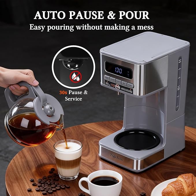 Taylor Swoden Programmable Coffee Makers 12 Cup Hot and Iced Coffee Maker 4 Brew Strength LED Display 24H Timer Keep Warm&ampAuto Shutoff- Drip Coffee Machine for Home/Office Gray &amp Stainle