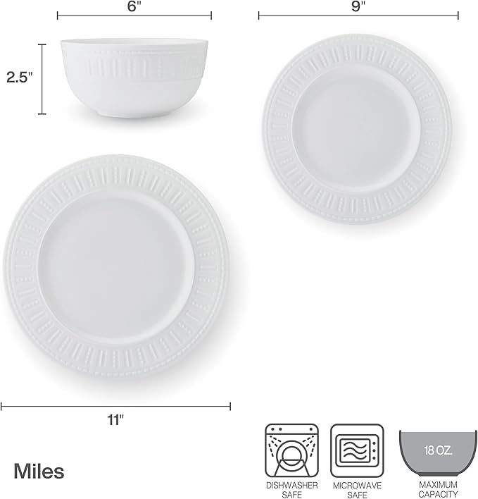 Mikasa Miles Bone China Lightweight Chip Resistant 12 Piece Dinnerware Set Service for 4 White