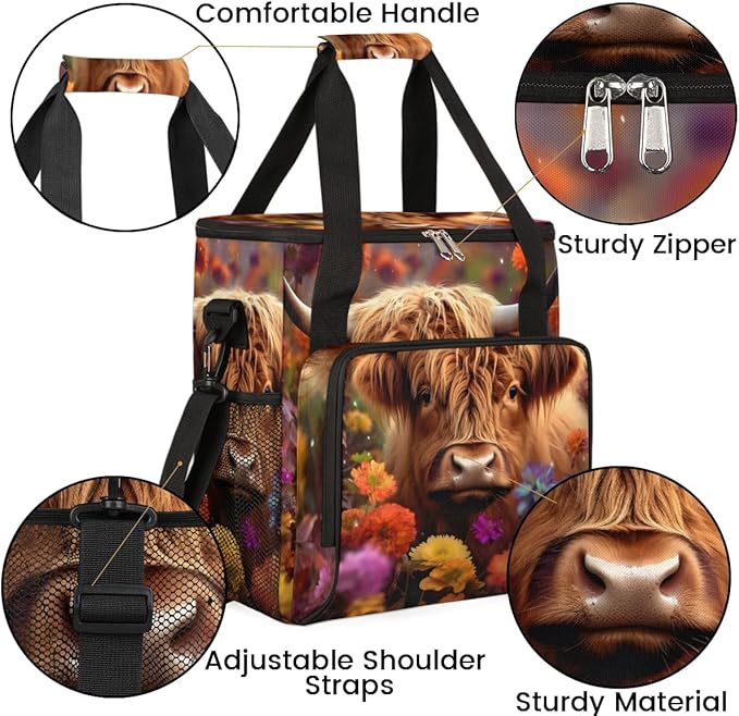 Coffee Maker Carrying Bag Highland Cow Flower Single Cup Coffee Maker Travel Bag Compatible with Keurig K-Mini or K-Mini Plus Portable Storage Bag with Shoulder StrapAZ-197