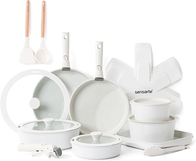 SENSARTE 24 Piece Pots and Pans Set Nonstick Detachable Handle Cookware Induction Kitchen Cookware Set with Removable Handle Healthy Non Stick for RV Dishwasher ＆ Oven Safe (White)