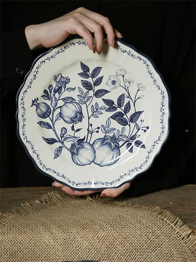 Ceramic BowlSteak Dinner Plate Creative Blue Flower Branches Leaves Vegetable Pattern Bowl Plate Set Tableware Gift Giving Ceramics Dinnerware Set Dishes 4-Pieces Sets