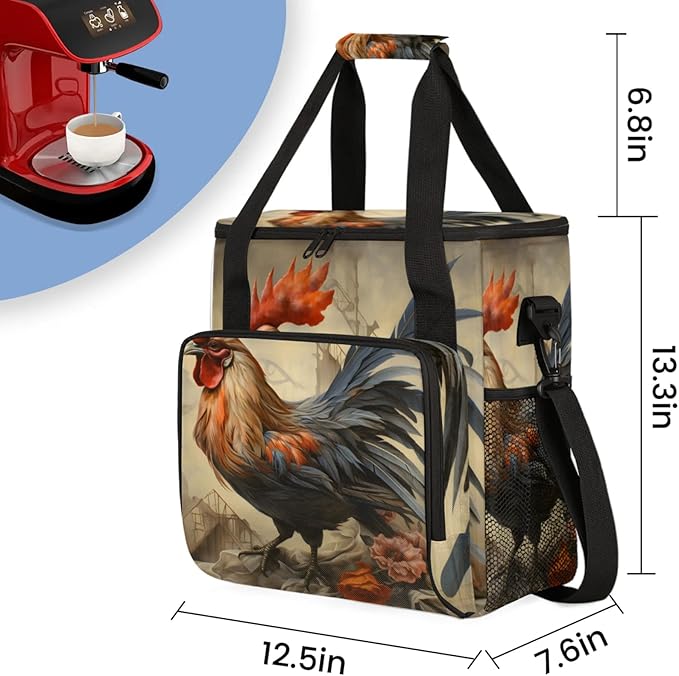 Rustic Chicken Coffee Maker Travel Bag for Keurig K-Mini/K-Mini Plus Insulated Waterproof Tote with Pockets for K-Cup Portable Single-Serve Brewer Case
