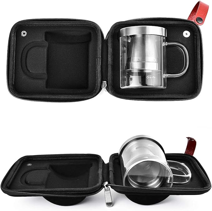 Pour Over Coffee Maker Set for Travel/Camping/Hiking Single Cup Stainless Steel Coffee Filter 14 Oz Borosilicate Glass Mug Extra Permanent Lid and Moulded Neoprene Case at Home/Office