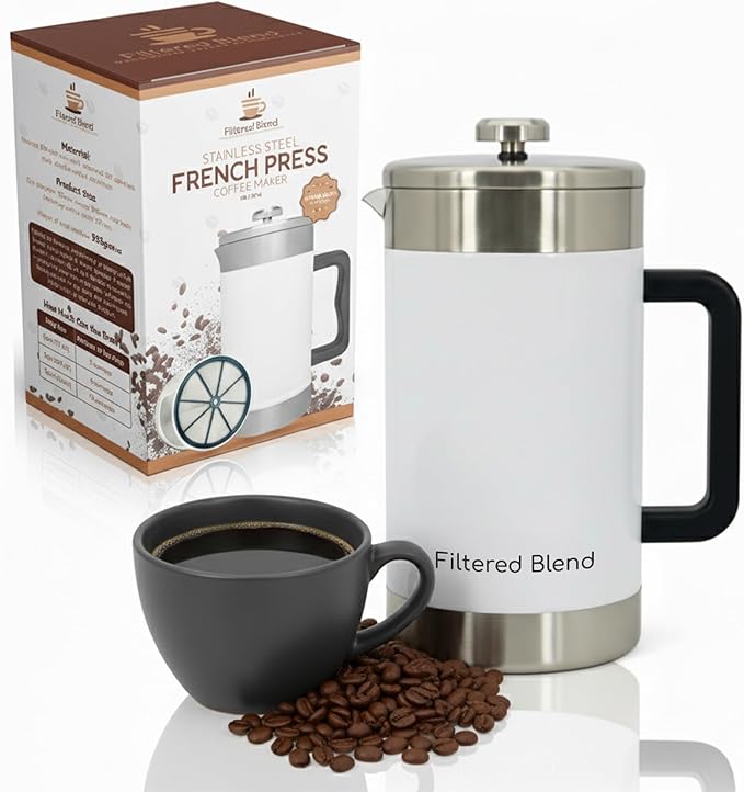 1.6L French Press Coffee Maker 54oz Large Capacity French Press Stainless Steel Brewer with Double Filter Mesh for Kitchen Travel Camping Hot &amp Cold Brew Coffee Maker Gifts (White)