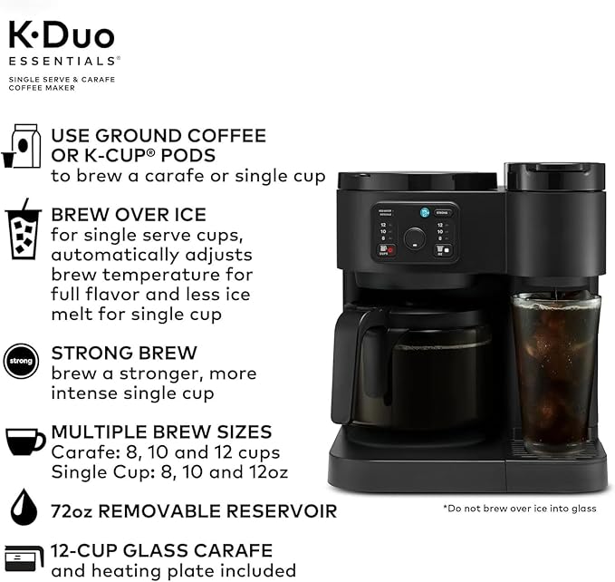 K-Duo Essentials Coffee Maker for Hot and Iced Drinks Single Serve KCup Pod Brewer and 12 Cup Carafe Drip Coffee Pot 72 oz Water Reservoir Perfect for Home &amp Office Use (Black)