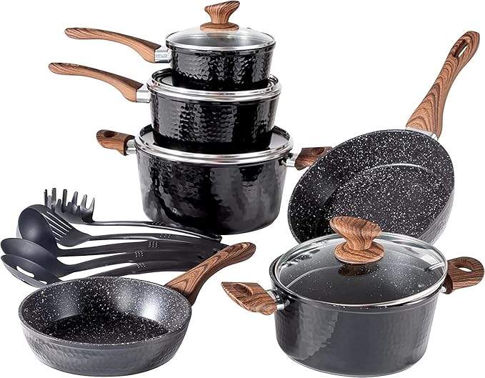 Pots and Pans Set Non Stick 15 Pcs Non-Toxic Hammered Kitchen Cookware Sets Black Granite Cooking Pot and Pan for Induction Stovetop