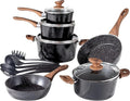 Pots and Pans Set Non Stick 15 Pcs Non-Toxic Hammered Kitchen Cookware Sets Black Granite Cooking Pot and Pan for Induction Stovetop