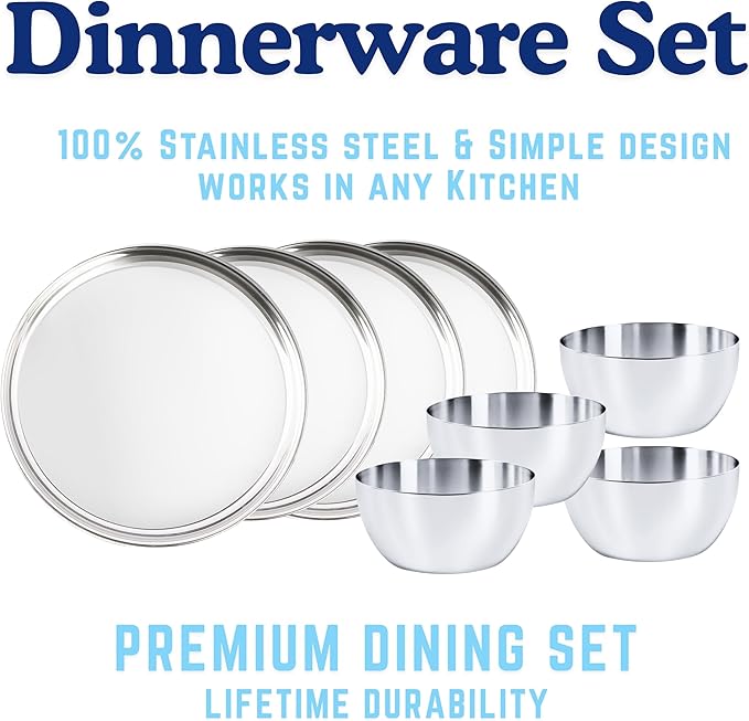 Stainless Steel Plates and Bowls Set 12 Pieces Steel Dinnerware set for 4 Metal Reusable Camping Dishes Kitchen Dinner Trays &amp 10 Oz Snack Bowls Dishwasher Safe (Heavy 6.5 Lbs)