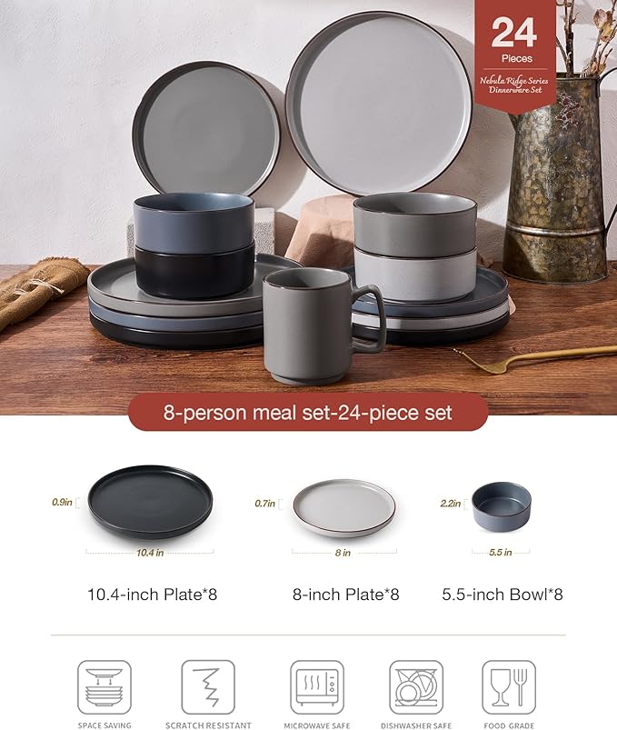 Famiware Nebula Ridge Stoneware Dinnerware Sets for 8 24 Pieces Plates and Bowls Sets Dishes Set Microwave and Dishwasher Safe Kitchen Plates Multi-color