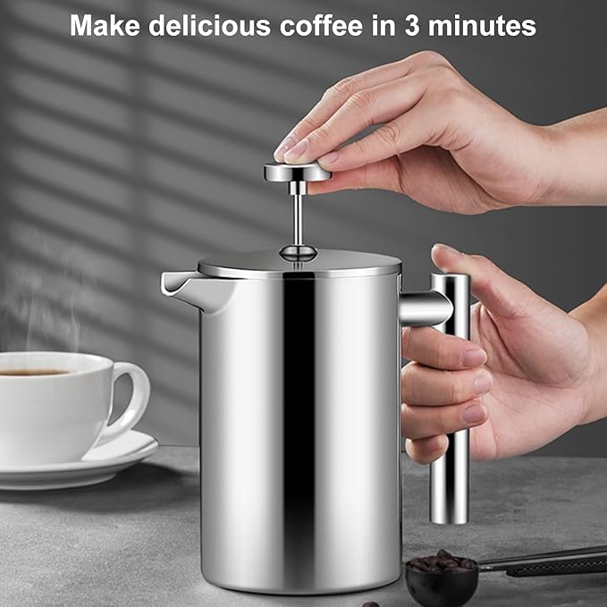 Enfmay 1000ml French Press Coffee Maker 304 Stainless Steel Double Wall Insulated Coffee Maker Pot Triple Filtration System for Optimal Brew Coffee Tea Maker for Home Office Camping