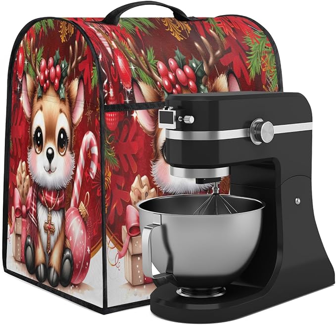 Kitchen Aid Mixer Cover Christmas Deer Candy Canes Stand Mixer Cover Compatible with 6-8 Quarts Stand Mixers Dust Covers with Zipper Pocket Foldable Washable Kitchen Aid Organizer Bag