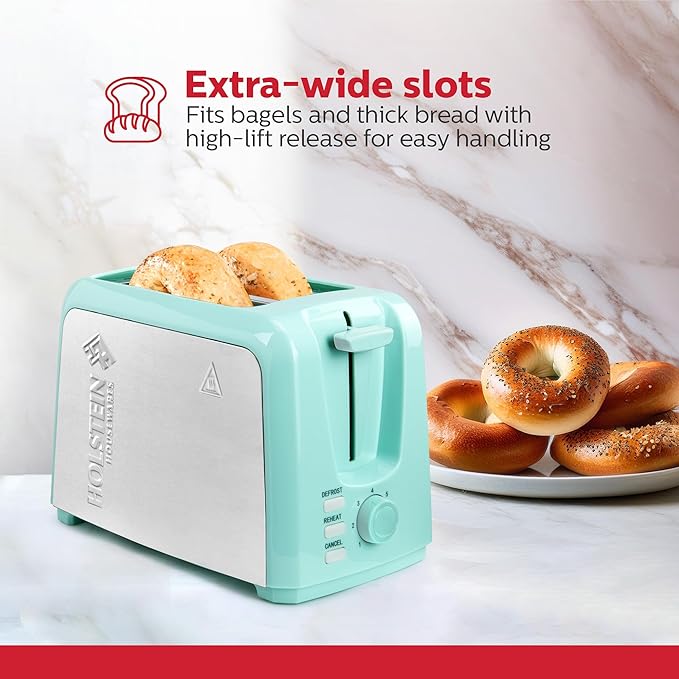 Holstein Housewares 2-Slice Toaster with 7 Browning Settings Extra-Wide Slots Reheat Defrost Cancel High-Lift Release Removable Crumb Tray – Compact Stainless Steel Mint