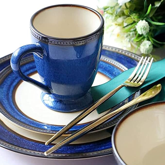 Ceramic Dinner Plate SetsFine 4 Piece Dinnerware Set Durable Vintage Design in Cobalt Blue and Gold Rim Plates Bowls Coffee Cups Service for 1