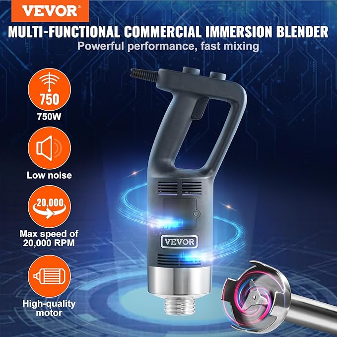 VEVOR Commercial Immersion Blender 750W 20 Heavy Duty Hand Mixer Variable Speed Kitchen Stick Mixer with 304 Stainless Steel Blade Multi-Purpose Portable Mixer for Soup Smoothie Puree Baby Food