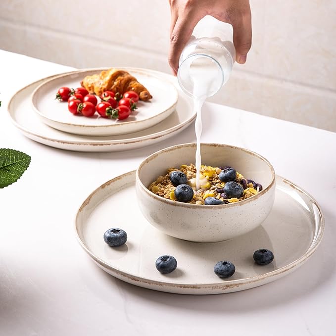 AmorArc Ceramic Dinnerware Sets Wavy Rim Stoneware Plates and Bowls Sets Highly Scratch Resistant | Dishwasher &amp Microwave Dishes set Service for 4 (12pc)-Speckled Cappuccino)
