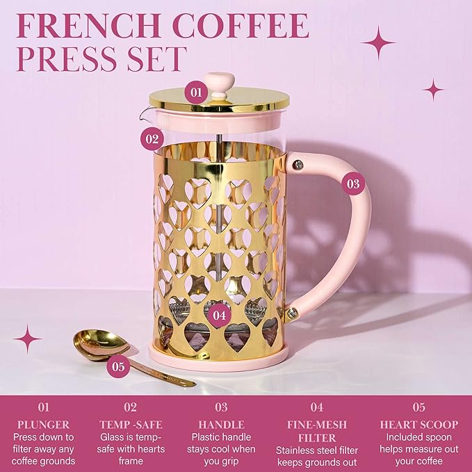 Paris Hilton French Press Coffee Maker With Heart Shaped Measuring Scoop 2-Piece Set 8-Cup or 34-Ounce Pink