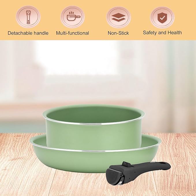 Pots and Pans Set 6 Piece Nonstick Cookware Set Saucepan and Frying Pan Sets with Detachable Handle Kitchen Cookware Set for All Stove Hobs Stackable Design Aluminum Green