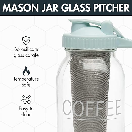 Primula Mason Jar Cold Brew Iced Coffee Maker with Stainless Steel Filter and Easy Pour Lid Durable Glass Pitcher Fits in Most Fridge Doors Dishwasher Safe Made without BPA 2-Quart Aqua