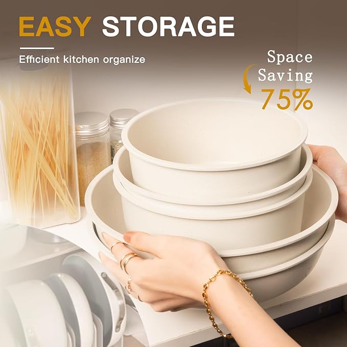 Astercook 34 Pcs Pots and Pans Set Non StickCeramic Cookware Set Detachable Handle with Kitchen Knives Set