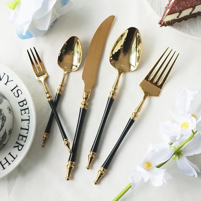 Black and Gold Silverware Set for 6 Modern 30 Piece Flatware Cutlery Elegant Utensils Sets Durable 18/10 Stainless Steel Tableware Set for Home Kitchen Wedding Mirror Polished
