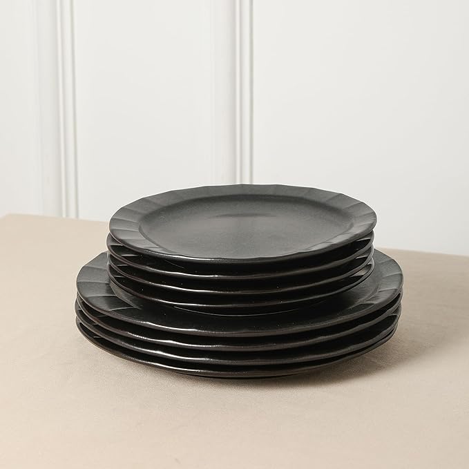 Stone Lain Oasis Stoneware 24 Piece Dinnerware Set Home Kitchen Dish Set with Dinner Plates Salad Plates &amp Bowls - Service for 8 Black