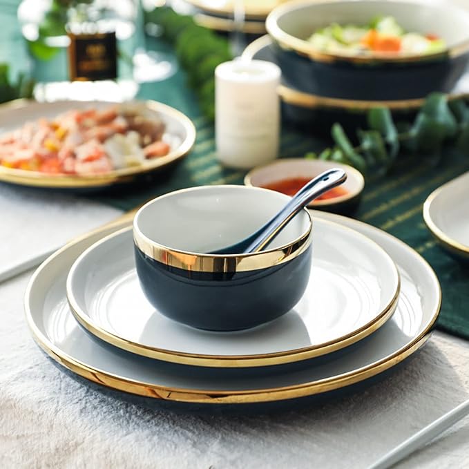 18 Piece Dinnerware Set Service for 4 People Plates and Bowls Sets Round Gold Trim Ceramic Dinner Set Porcelain Dinnerware Set Dish Set Tableware Multiplayer Set Salad Bowl HOM