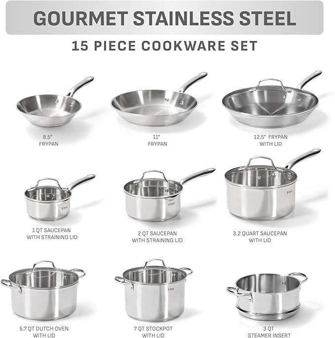 T-fal Gourmet 15-Piece Stainless Steel Cookware Set Pots and Pans Cooking Set Dishwasher Safe Oven Safe to 500°F Induction Compatible Stock Pot Sauce Saute Frying Pans Silver