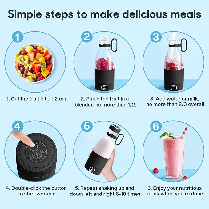 MIAOKE Portable Blender 6 Blades Juicer Cup for Juice Shakes and Smoothies 350ml Mini Blender with Led Display Usb Rechargeable3000Mah Rechargeable Battery for Home Sports Outdoors Travel-Black