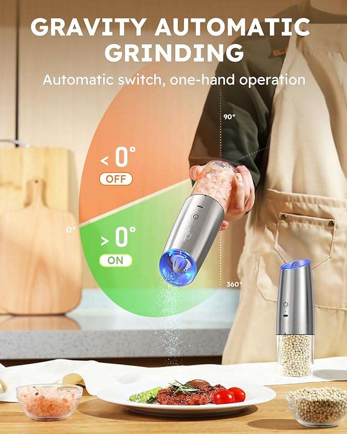 Bundled Sangcon Gravity Electric Salt and Pepper Grinder Set RECHARGEABLE Automatic Salt Pepper Shakers USB-C No Battery Needed