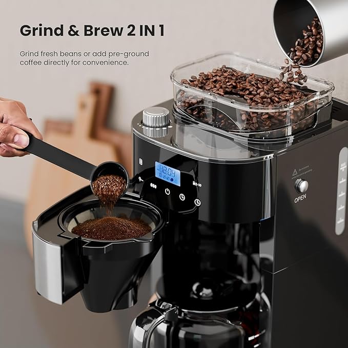 10-Cup Drip Coffee Maker with Built-in Grinder Programmable Grind &amp Brew Combo Coffee Machines with LED Touchscreen 24H Timer 2-Hour Warm Plate Black