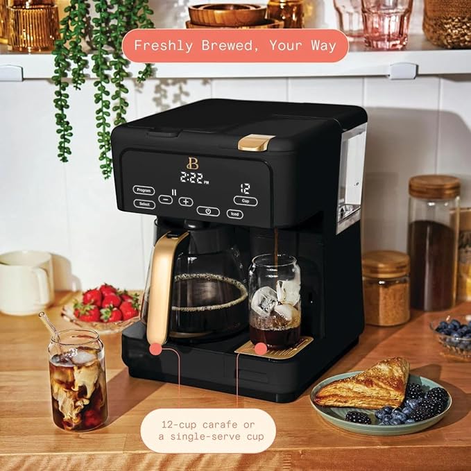 Multi-Brew Coffee Maker – 12-Cup Carafe &amp Single-Serve Pod or Grounds Iced Coffee Mode Programmable Touch Display Includes Filters (Black Sesame)
