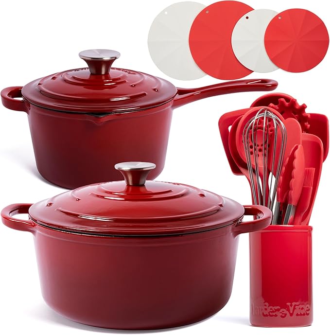 Larder &amp Vine 20 Piece Cookware Set (Cabernet) | Dutch Oven Utensil Set Saucepan and Trivets