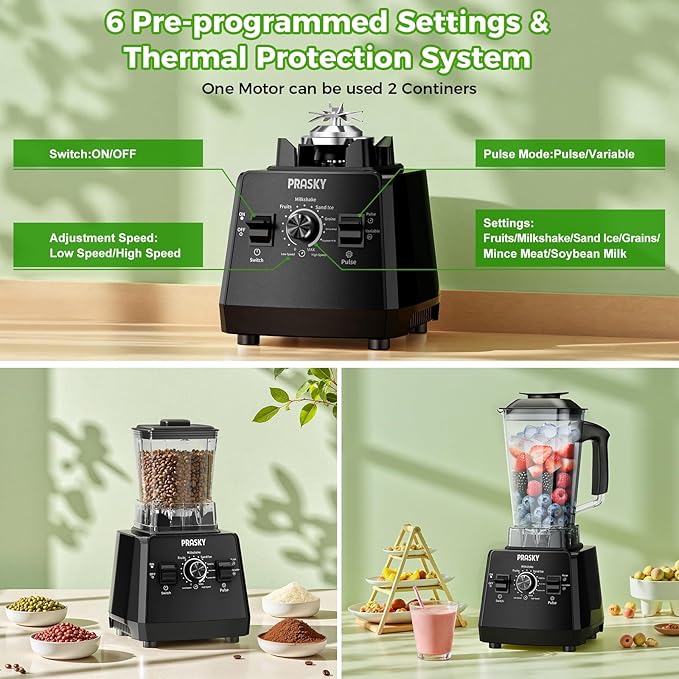 Blender Smoothie Blenders PRASKY Max.2400Watts/1000Watts Kitchen Blender and Grinder Combo 25000RPM Powerful Kitchen 68oz BPA Free 2 Containers Countertop Blenders Ice Crushing