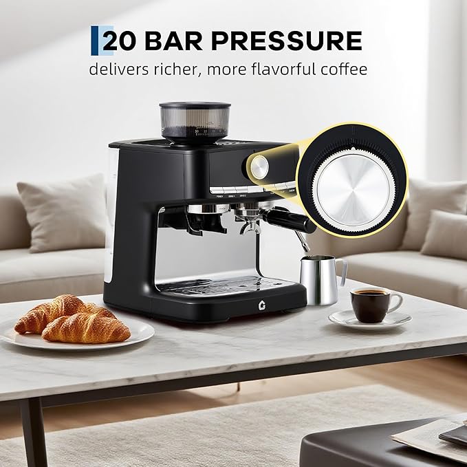 20 Bar Pressure Stainless Steel Espresso Machine with Grinder 1.5l Removable Water Tank Milk Frother Steam Wand for Latte and Cappuccino Adjustable Shot VolumeBlack