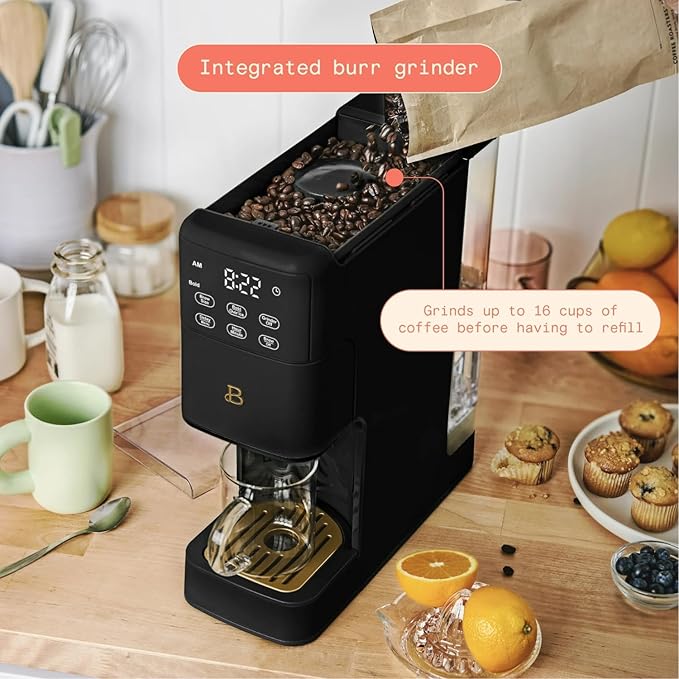 B - Perfect Grind Programmable Single-Serve Coffee Maker with Built-In Grinder Fresh Ground Brewing Touch Controls Reusable Filter Compact Countertop Design (Black Sesame)