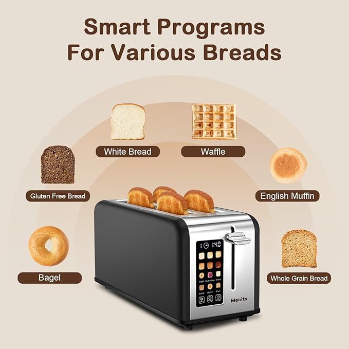 Mecity 4 Slice Toaster with Touchscreen Long Slot Stainless Steel Smart Bread Toaster for Bagel Muffin Waffle Gluten Free Breads Timer Defrost Reheat 120V 1400W