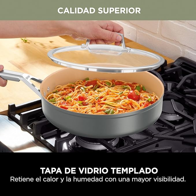 Ninja Extended Life 5-Piece Ceramic Cookware Set (20 &amp 24cm Frying Pans + 16 18 &amp 20cm Saucepans &amp Lids) Non-Stick (No PFAs PFOAs Lead or Cadmium) Oven Safe 285°C Terracotta/Grey CW