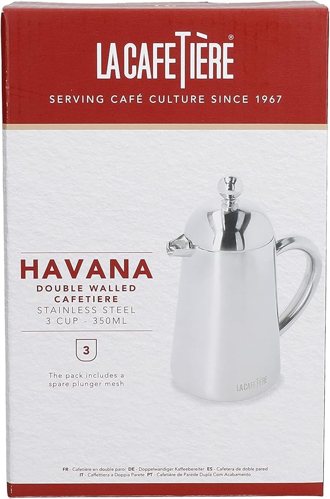 La Cafetière Havana Stainless Steel Double Walled Cafetière Three Cup Gift Boxed Silver