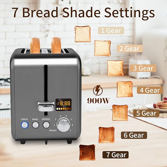 SEEDEEM Toaster 2 Slice Stainless Steel Bread Toaster LCD Display 7 Shade Setting 1.4'' Wide Slots Bagel/Defrost/Reheat Functions Removable Crumb Tray 900W Dark Metallic