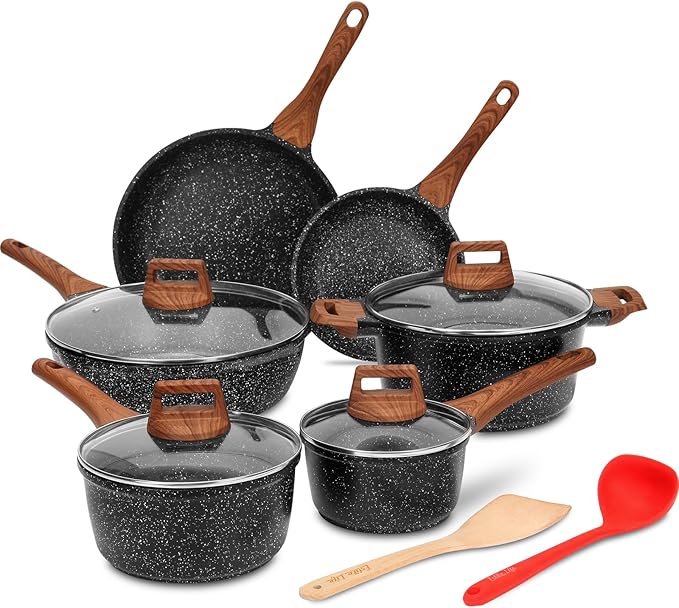 ESLITE LIFE Nonstick Cookware Sets 12 Pcs Granite Coating Pots and Pans Set Kitchen Cooking Set Compatible with All Stovetops (Gas Electric &amp Induction) PFOA Free Black