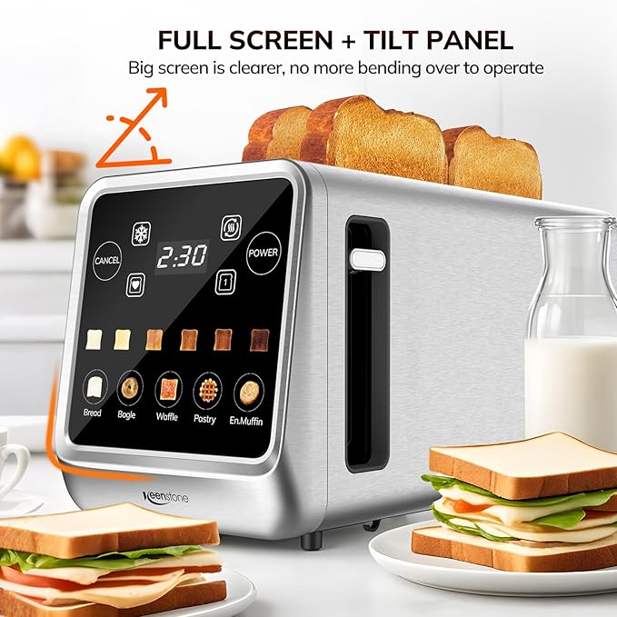 Keenstone Toaster 4 Slice Digital Smart Toaster with TouchScreen Memory Function Single Slot Toasting Timer Reheat &amp Defrost for Bagels Bread Waffles Muffin Stainless Steel Kitchen Essent