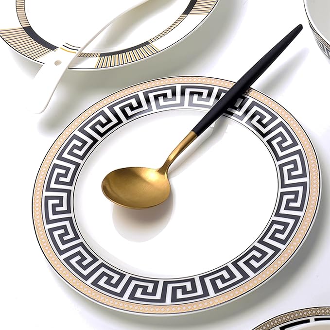 Luxury Dinnerware Set for 6 24 Pieces Black and Gold Striped Dishes Set with Teacup snd Saucer Bone China Plate Sets for Brunch Housewarming Anniversary Present