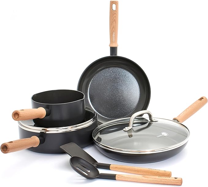 GreenPan Hudson Healthy Ceramic Nonstick 8 Piece Cookware Pots and Pans Set Vintage Wood Inspired Handle PFAS-Free Dishwasher Safe Black