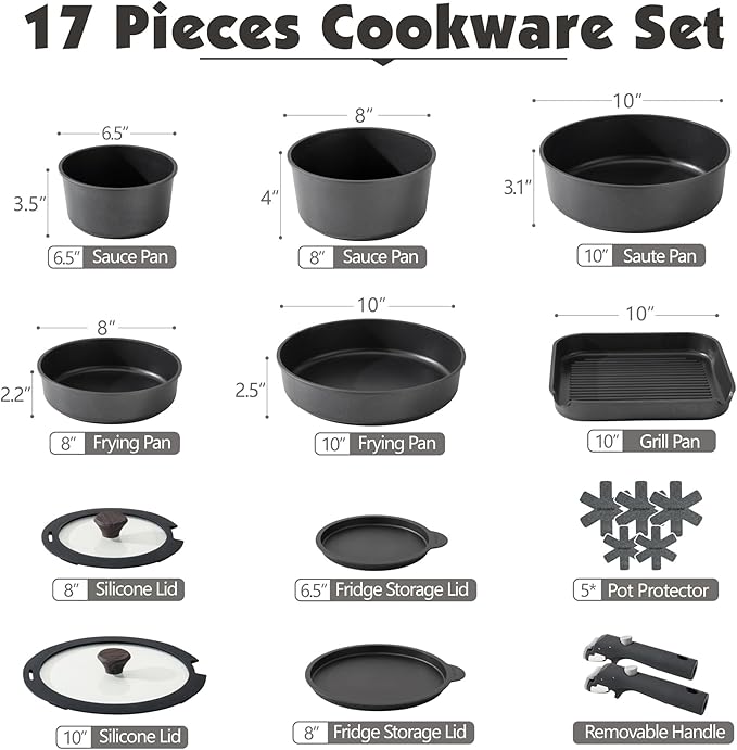 SENSARTE 17 Pcs Nonstick Detachable Handle Cookware Set 4.5 Quart Nonstick Wok Pan with LidInduction Skillet